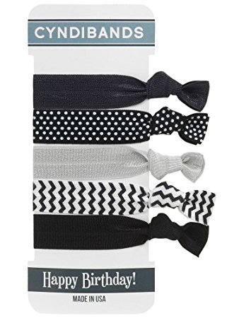 CyndiBands Elastic Hair Ties - Happy Birthday Black/White Set of 5