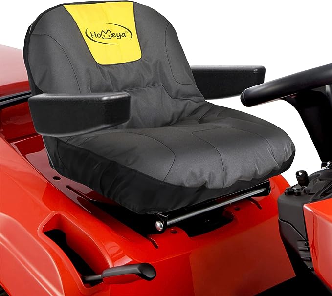 HOMEYA Riding Lawn Mower Seat Cover, Heavy Duty 600D Oxford Waterproof Tractor Seat Cover with Padding & Back Pockets, for 12.2-14.2 Inches High Seats, Fits Husqvarna Cub Cadet Seat with Armrests