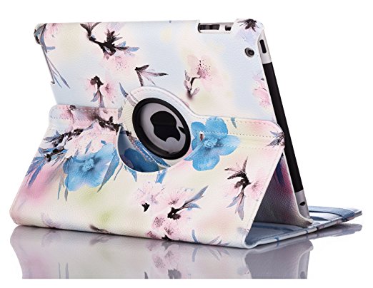 ThreeCat iPad 2/iPad 3/iPad 4 Smart Case Peach Blossom Pattern Cover with 360 Degree Rotating Stand and Auto Sleep/Wake Function for Girls Women- Blue