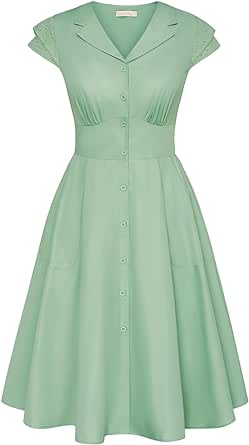 Belle Poque Womens 1940s Vintage Dress Collar V Neck Button Down Dress Cap Sleeve Dress with Pockets