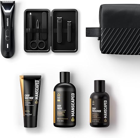 MANSCAPED® The Premiere Package 5.0 ULTRA, with The Lawn Mower® 5.0 ULTRA Men's Groin & Body Hair Trimmer, Shears 3.0, Crop Preserver™ Ball Deodorant, Refined™ Body Wash, Crop Soother™, Shed 2.0