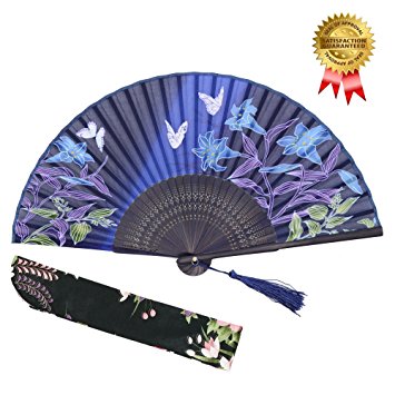 OMyTea Hand Held Silk Folding Fans with Bamboo Frame - With a Fabric Sleeve for Protection for Gifts - 100% Handmade Oriental Chinese / Japanese Vintage Retro Style - For Women Ladys Girls (WZS-10)