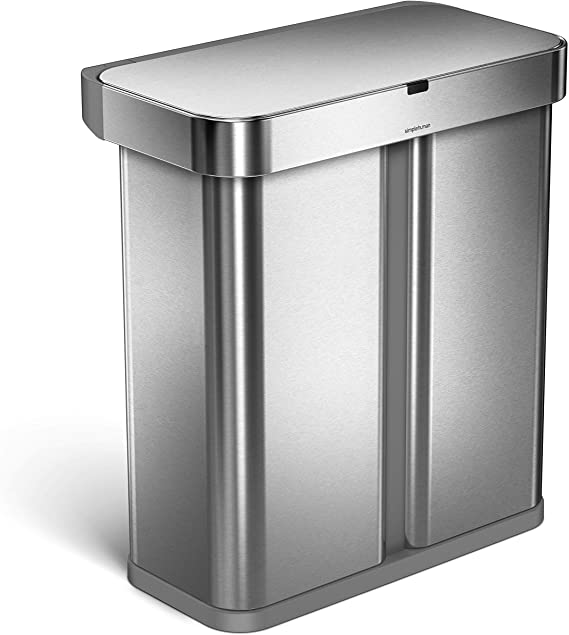 simplehuman, Brushed 58 Liter / 15.3 Gallon Stainless Steel Touch-Free Dual Compartment Rectangular Kitchen Trash Can Recycler, Voice and Motion Sensor Activated