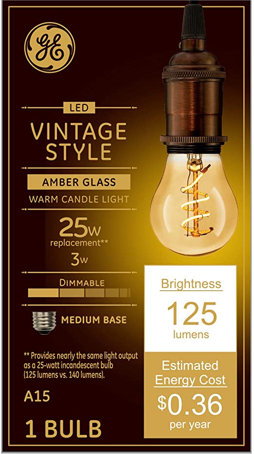 GE LED Vintage Light Bulb, A15 Amber Glass LED Edison Bulb (25 Watt Replacement Dimmable LED Light Bulbs), 125 Lumen, Medium Base Light Bulbs, 1-Pack E26 Edison Bulb