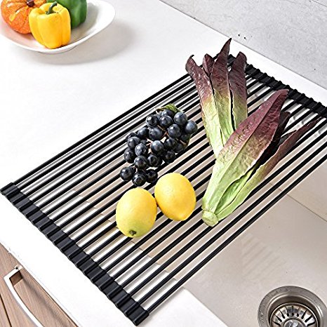 VCCUCINE Multipurpose Roll-Up Dish Drying Rack, Stainless Steel Kitchen Over Sink Rack 20" x 12.8", Black