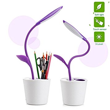 KANGVO Flexible USB Touch LED Desk Lamp with 3-Level Dimmer and Decor Plant Pencil Holder,Multifunctional Sapling Pen Holder LED Desk Lamp For Bedroon,Office and Study (Purple)