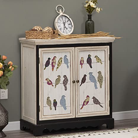 Sophia & William Storage Cabinet with 2 Doors, Accent Display Organizer Distressed Console Cabinet with Wooden Frame and Carved Birds for Entryway Living Room Bedroom 29.9 x 15 x 31.9 Inch, White