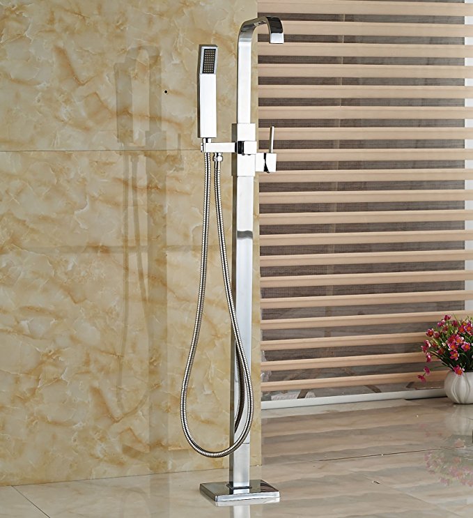 Rozinsanitary Polished Chrome Bath Tub Faucet Free Standing Square Tub Filler W/ Hand Sprayer