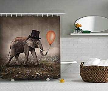 Ambesonne Elephant Shower Curtain Surreal Art Decor, Funny Illusionist Elephant with Black Hat Magic Balloon, Bathroom Accessories, 69W X 70L inches