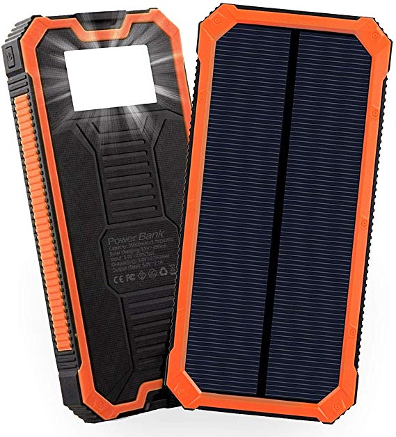 Solar Power Bank 15000mAh Friengood Portable Solar Phone Charger with Dual USB Ports, Solar External Battery Charger with 6 LED Flashlight for Cell Phone, Tablet, Camera and More (Orange)