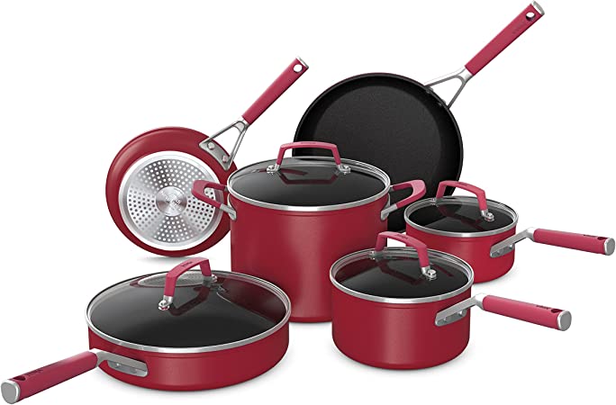 Ninja C29500 10-Piece Cookware Set Foodi NeverStick Vivid, Nonstick, Oven Safe to 400°F, Cool-Touch Handles, Crimson Red