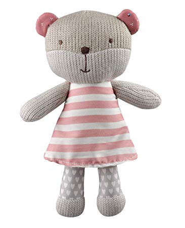 STORKI Teddy Bear Rattle Plush Toy for Babies, Soft Stuffed Animal Baby Gift, Pink 9.8"