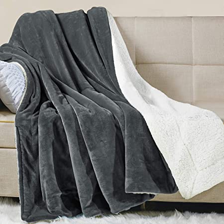 CozyLux Sherpa Fleece Blanket Queen Grey Plush Soft Reversible Fuzzy Warm Microfiber Blanket-Bed, Couch, Sofa, Car Queen Size Blanket(90" x 90"), Gray