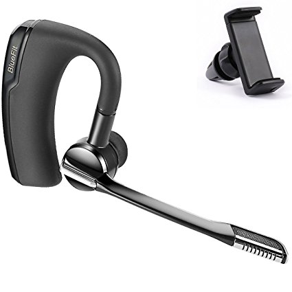 [New Version] Bluetooth Headset, BlueFit JAZZ6 Hands Free Wireless Earpiece / Headphones with Microphone   Car Air Vent Mount Holder   Carrying Case included