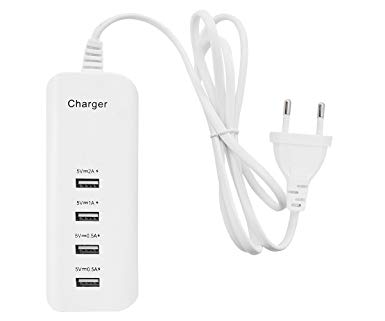 Lilware 4-Ports European Wall USB Charger. 20W Power Adapter - Four USB Port Multi-function Chargers with 1.2 m Cord and Blue LED Light. White