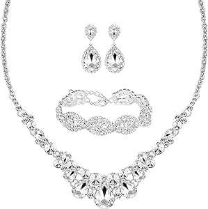 3/4 Pieces Women Jewelry Set Rhinestone Crystal Bride Statement Choker Necklace Tiara Crown Link Bangle Bracelet Teardrop Dangle Earrings Set for Wedding Party