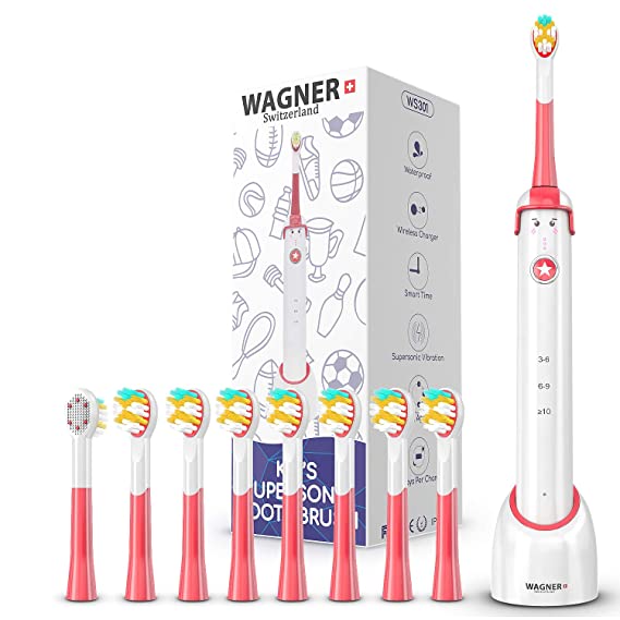 WAGNER Switzerland SuperSonic toothbrush for boys | 8 reversible brush heads for teeth and tongue cleaning with DuPont bristles | Vibration Speed Control | Wireless charging w Smart Timer. Waterproof