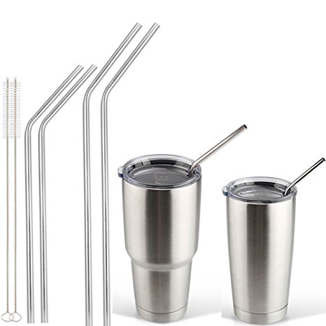 Accmor 18/8 Stainless Steel Straws, FDA-approved Reusable Bend Drinking Straws Set of 4 - 2 long bend  2 short bend   2 Brushes for 20oz & 30oz YETI Cups and To-Go Cups (LE:8.5/10.5in, OD: 0.24in)