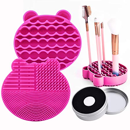 Silicon Makeup Brush Cleaning Mat with Brushes Drying Holder Portable Bear Shaped Cosmetic Brush Cleaner Pad  Makeup Brush Dry Cleaned Quick Color Removal Sponge Scrubber Tool (Rose Red)