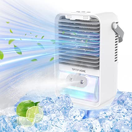 Portable Air Conditioner Fan, Rechargeable 4-IN-1 Mini Cooler with Humidify Misting and Aromatherapy, Evaporative Air Cooler with 7 Color Lights, Cordless AC Spray Fan, Quiet Desktop Cooling Fan