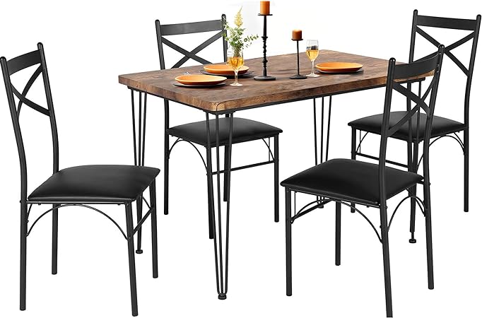 VECELO 5-Piece Set for Home Kitchen Breakfast Nook, with 4 Chairs, Black, Dining Table for 4, Retro Brown