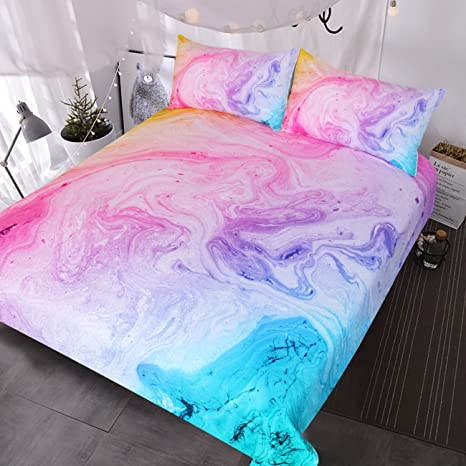 BlessLiving Colorful Marble Bedding Pastel Pink Blue Purple Duvet Cover Set Marble Abstract Art Bed Set 3 Piece Bright Girly Bedspreads (Queen)