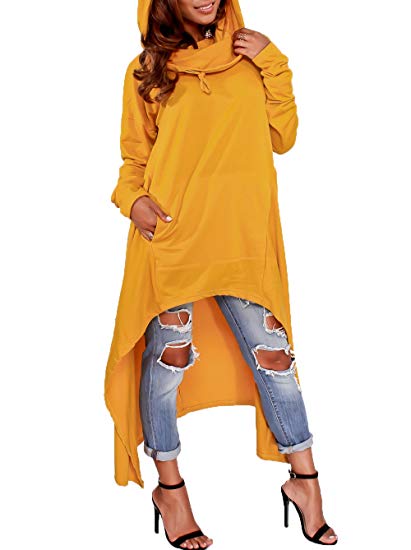 Playworld Womens Irregular Hem Loose Long Sleeve Hooded Tunic Top Dress
