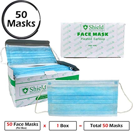 Professional Disposable Face Mask (3-Ply) with Earloop for Virus, Bacteria, Germ, Dust, Pollen, Particle Protection (50)