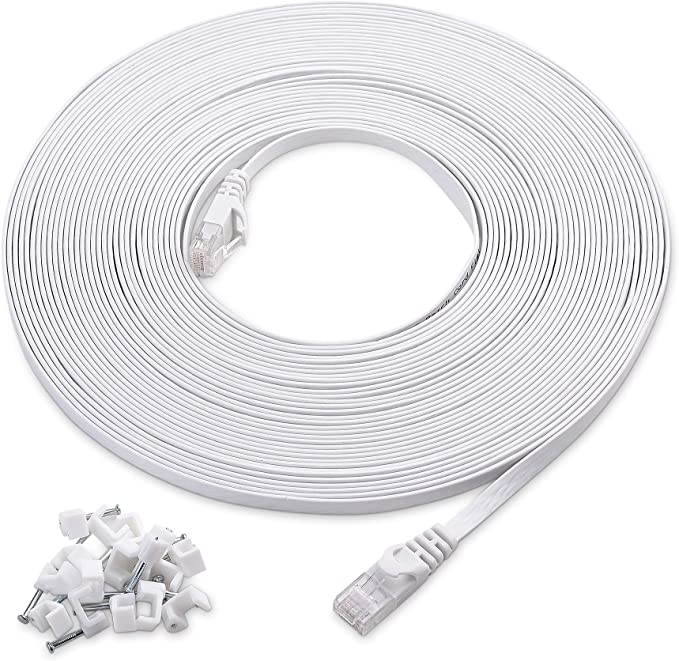 Cable Matters Cat6 Snagless Flat Ethernet Cable 50 Feet in White with Nail-in Cable Clips