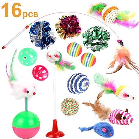 Depets Interactive Cat Toys Variety Pack for Kitten, Assorted 16 Pieces Cat Toy Set Including Feather Teaser Wand Toy Fluffy Mice, Crinkle Balls Bells for Cat Kitty (Color May Vary)