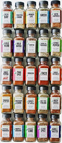 FreshJax Gourmet Organic Seasonings and Spices, Premium Collection, Variety Spice Jar Gift Set (25 Organic Spice Blend Set)