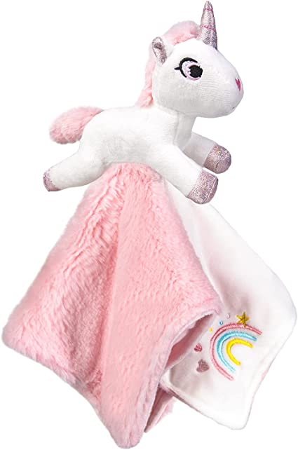 BORITAR Pink Unicorn Security Blanket with Stuffed Animal for Girls, Snuggle Elephant Lovie Plush Stitching Blanket Rainbow Pattern, Soft Newborn Blankie for Infant Gift 14 Inch