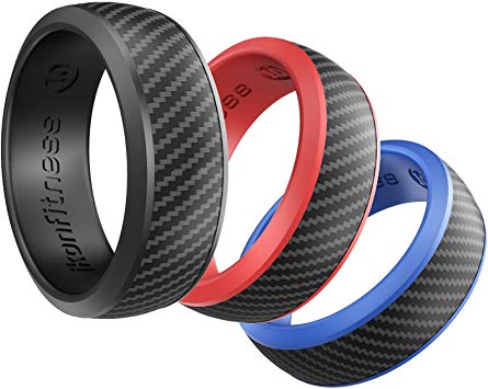 Ikonfitness Silicone Wedding Ring for Men and Women - 3 Pack Comfortable Fit, Rubber Wedding Ring Grey, Blue, Red - Come with a Metal Box