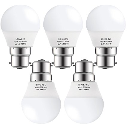 LOHAS® 5Watt G45 B22 LED Light Bulbs, Bayonet Base, 35Watt Incandescent Bulb Equivalent, Day White 6000K, 400lm, Non Dimmable, 5-Pack