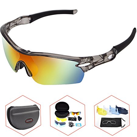 Sports Polarized Sunglasses-TR90 Frame 5 Lens Protective Motorcycle Goggles-Delicate Cases Pouches Set-Prevent Particulates and Sun-in Black Eyeglasses Flames