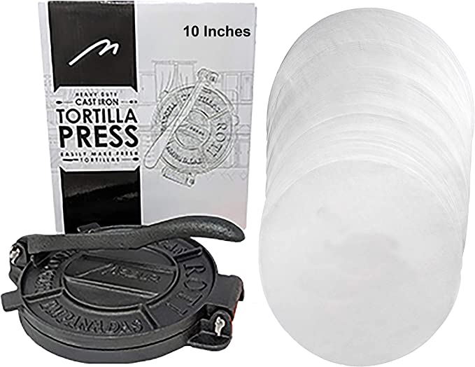Heavy Duty Pre-seasoned Cast Iron 10 Inches Maquina Tortilla Press Maker Roti Pita Pataconera with 100 parchment paper 2 baking mats. Free Replacement, If Damaged in 30 Days