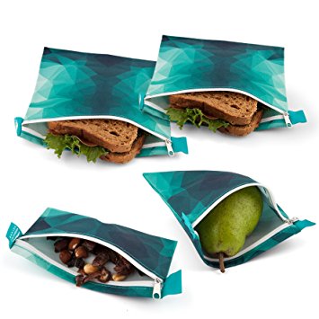 Nordic By Nature Premium Turquoise Sandwich & Snack Bags | Designer Set of 4 Pack | Resealable, Reusable and Eco Friendly Dishwasher Safe Lunch Bags | Functional Easy Open Zipper | Great Value Bags