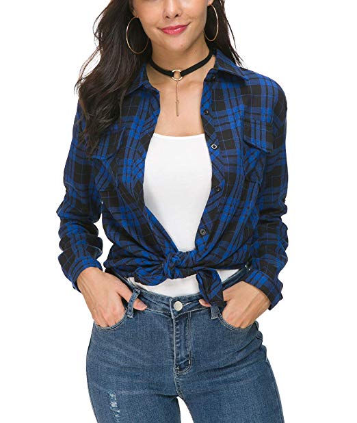 NuoReel Womens Casual Plaid Soft Button Down Tops Roll Up Long Sleeve Cuffed Blouse Shirts with Breast Pockets