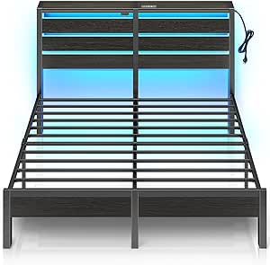 Rolanstar Bed Frame Queen Size with USB Charging Station, LED Bed Frame with Wood Storage Headboard, Black Metal Platform Bed with Under Bed Storage, No Box Spring Needed, Noise Free