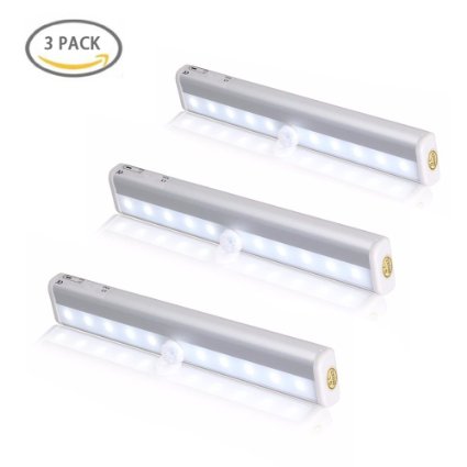 Under Cabinet Light, Almatess Stick-on Anywhere Portable 10-LED Wireless Motion Sensor Auto Closet LED Night Lights/Stairs Lights/Step Lights/Cabinet LED Lights Bar Battery Operated-Pack of 3