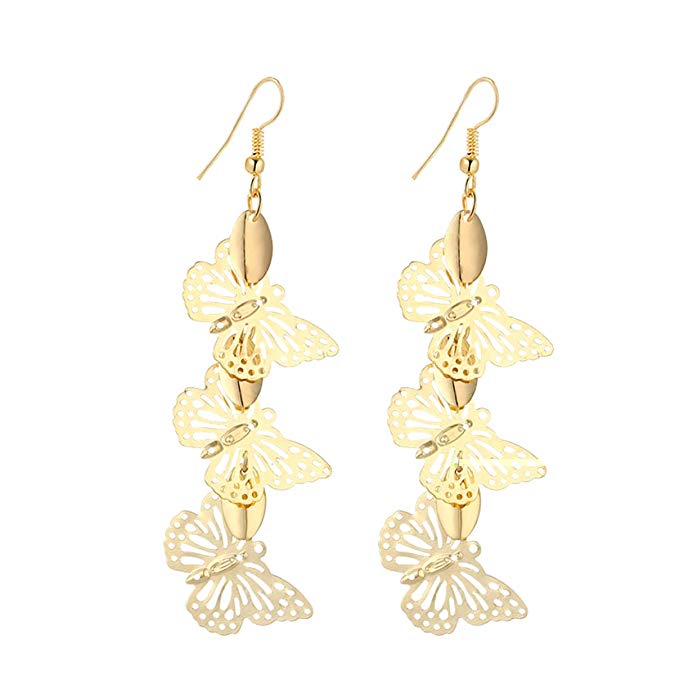IDB Delicate Filigree Dangle Triple Butterfly Drop Hook Earrings - Available in Silver and Gold Tones