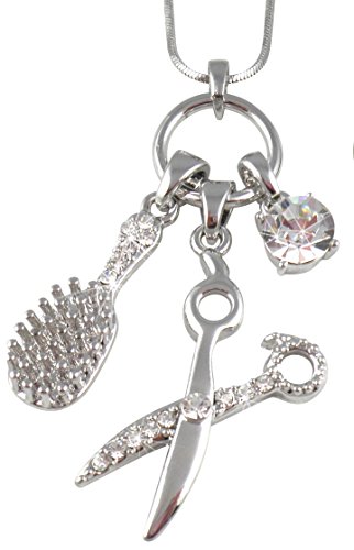 Crystal Barber Hair Dresser Scissors Shears, Brush and Crystal Multi Charm Necklace Silver Tone 18" Chain