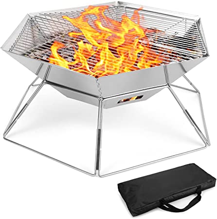 Odoland Folding Campfire Grill, Camping Fire Pit, Outdoor Wood Stove Burner, 304 Premium Stainless Steel, Portable Camping Charcoal Grill with Carrying Bag for Backpacking Hiking Travel Picnic BBQ