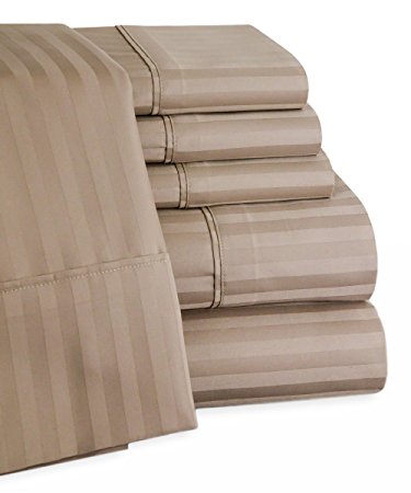 Egyptian Cotton Striped 6pc Bed Sheet Set - 450 Thread Count Deep Pocket Bed Sheets - 100% Egyptian Cotton Sateen (Queen, Taupe)