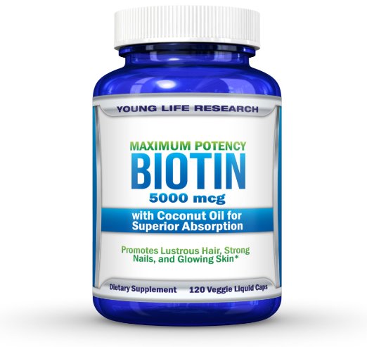 Biotin Hair Pills - 5000 mcg plus Coconut Oil for Superior Absorption - 120 High Potency Liquid Veggie Capsules Supports Hair Growth Glowing Skin and Strong Nails