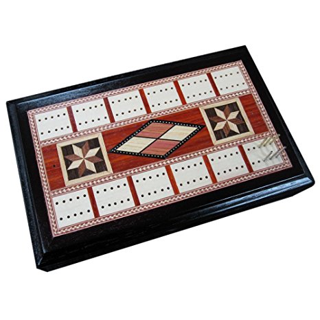Noah Inlaid Wood Cribbage Board Game Set with 2 Decks of Playing Cards and 5 Dice - 7.5 Inch