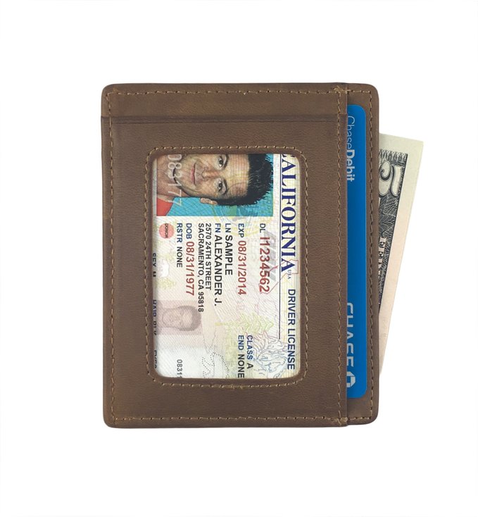 Andar Leather Slim Wallet with ID Window, Minimalist Front Pocket RFID Blocking Card Holder Made of Full Grain Leather