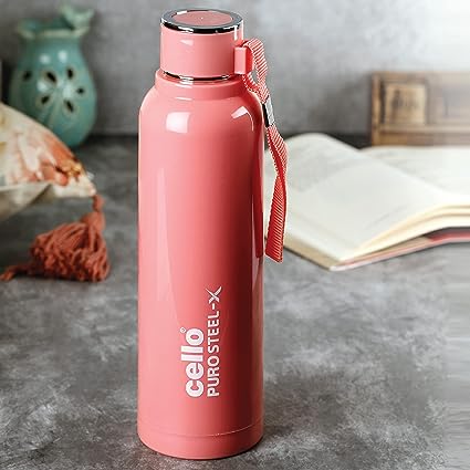 Cello Puro Steel-X Benz 900 | Leak Proof| Wide Mouth & Easy to Open | Insulated Inner Steel Outer Plastic Water Bottle | 730 | Peach