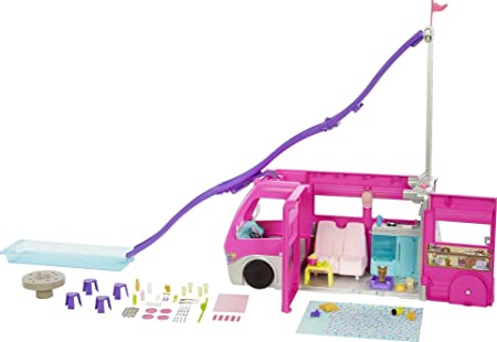 Barbie Dreamcamper Vehicle Playset, 2.5 Feet Tall with Rolling Wheels, 7 Play Areas, Pool, Slide and 60  Camping Accessories, Gift for 3 Year Olds & Up