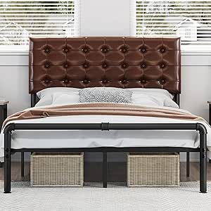 Yaheetech Full Bed Frame Metal Platform Bed with Faux Leather Height-Adjustable Headboard, 12 Inch Underbed Storage/Noise Free/No Box Spring Needed/Industrial Pipe Foot End, Elegant Brown Full Bed